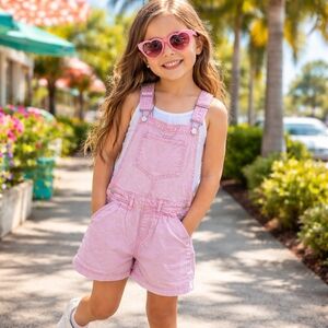 GAP Kids Pink Denim Romper Shorts 100% Cotton Adjustable Strap Overalls Summer